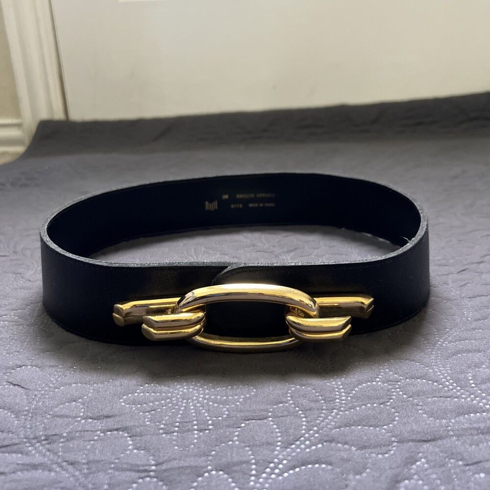 VTG MAGID Black Leather Belt w/Chunky Gold Metal Buckle Wide Width SZ M Unique!